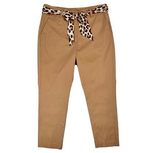 NY&C Rose Camel Ankle Pants Leopard Scarf Belt Stretch Size L Neutral Chic Fall